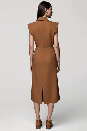 Brown A Line Notched Lapel Midi Work Dress with Slit